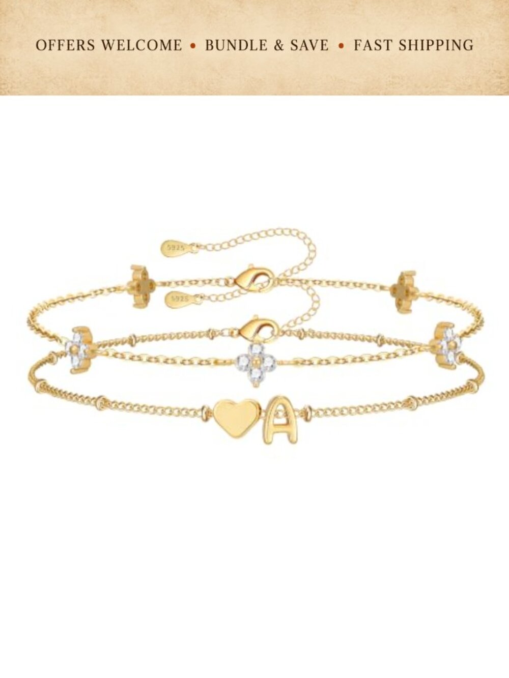 Dainty 2PCS Gold Plated Initial Heart Charm Bracelet Stack Adjustable for Women